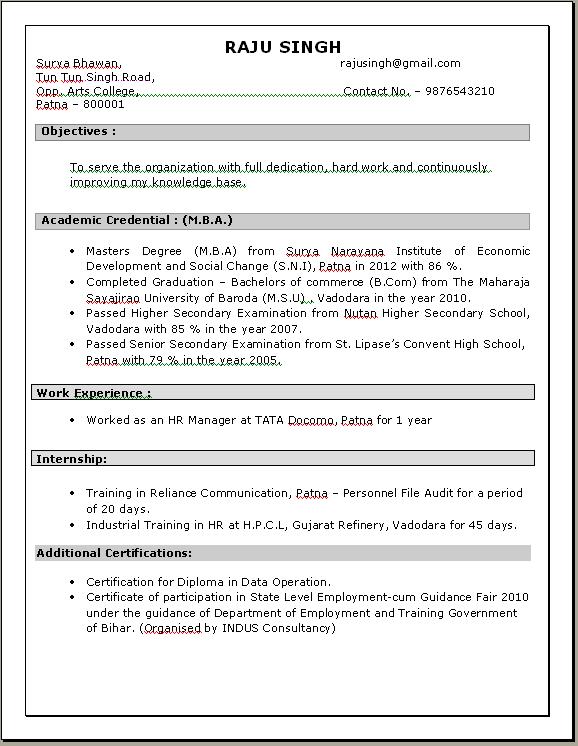 Hr resume with 1 year experience